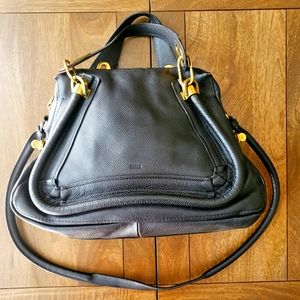 Chloé Paraty Medium Black Calfskin Leather Satchel  (Base 15" wide x 9" tall)